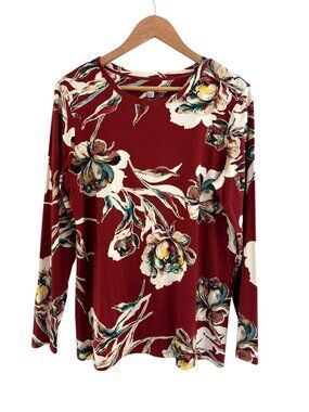 Chico's Size 2 = Large Floral Print Soft Knit Long Sleeve Top Shirt Blouse Fall